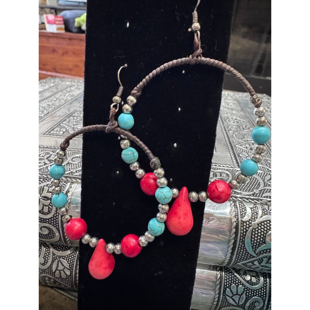 Bold turquoise + coral-style hoop earrings